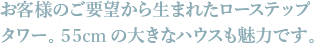 お客様のご要望から生まれたローステップ タワー。５5cmの大きなハウスも魅力です。